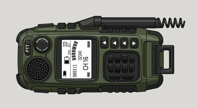 Green two-way radio with antenna illustration featuring detailed speaker grill screen display and button interface in cartoon style
