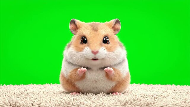 Adorable Golden Hamster with Fluffy Fur and Big Eyes Sitting on a Carpet Isolated on Green Screen Background Ready for Chroma Key
