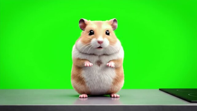 Adorable Hamster With Fluffy Fur Stands Upright Against A Vibrant Green Screen Background Showing A Curious Expression And Tiny