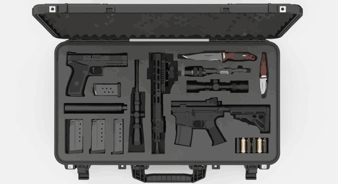 Open black tactical case featuring pistol rifle magazines knife suppressor and ammo presented in a detailed vector illustration