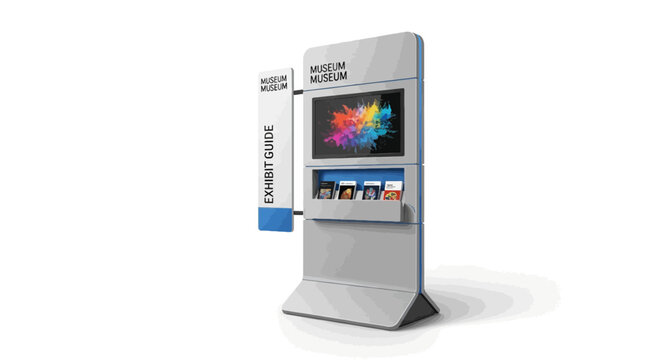 Museum exhibit information kiosk with digital display and brochure holder for visitor guidance and interactive learning in a modern design