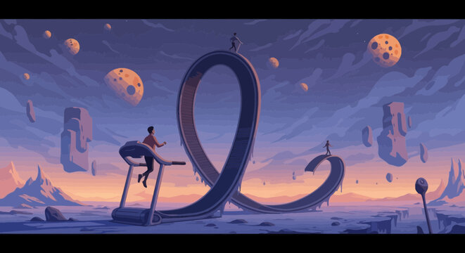 Person running on a treadmill on a fantasy landscape with floating moons 8-bit pixel art style twilight sky endless loop concept digital artwork
