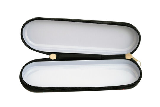 Open empty black pencil case on transparent background. Zippered school supply container for stationery storage. Portable rectangular accessory holder case for student pen and pencil tool kit.