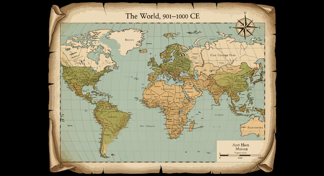 Vintage world map from 901 to 1000 CE featuring medieval parchment texture ancient empires trade routes and historical geography illustration