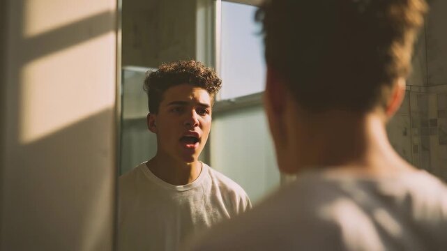 A teenage boy standing in front of a large bathroom mirror, practicing speech exercises out loud, mouth slightly open in mid-word, confident and determined expression