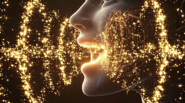 3D side-profile face with open mouth emitting golden sound waves, semi-transparent showing jaw and tongue.