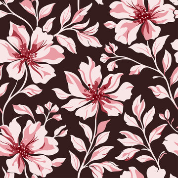 Stylized pink floral pattern with large blossoms, red centers, and soft leaves on a deep brown background. Elegant decorative design ideal for textiles, wallpaper, and interior d&eacute;cor.