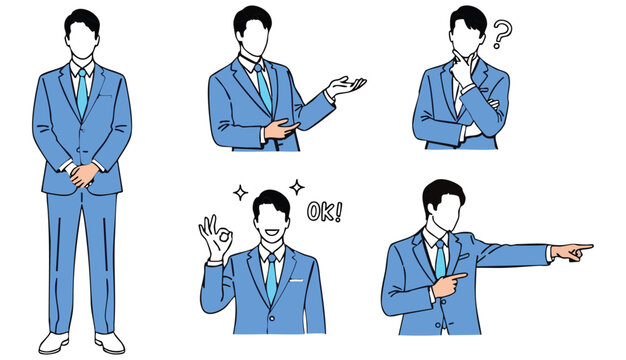A set of vector illustrations of a man in a suit.