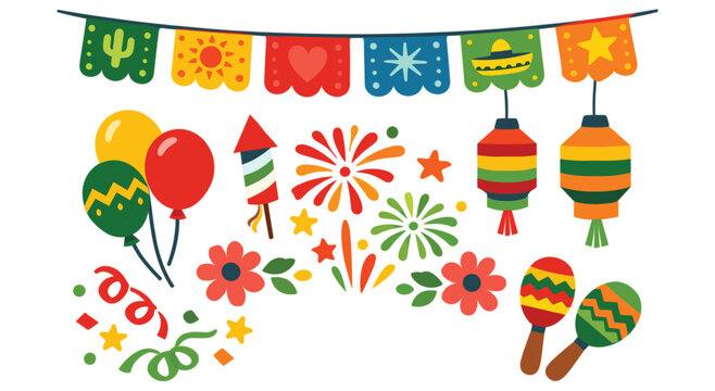 Collection of festive items for mexican holiday including maracas paper flags fireworks balloons and lanterns. Flat vector design set of cultural objects for party decorations and events.