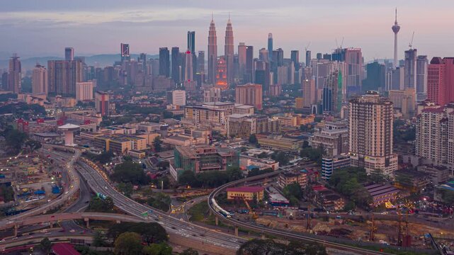 Kuala Lumpur Cityscape Sunset Timelapse with Traffic Flow and skyline at Dusk. Pan right motion timelapse.