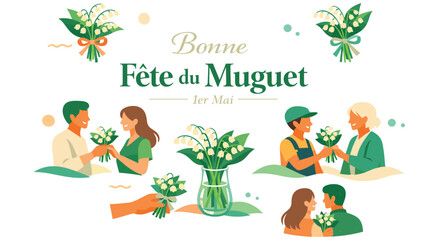 Fototapeta premium French tradition of gifting lily of valley flowers on first of may. People sharing muguet bouquets for good luck. Happy spring holiday scene with floral arrangements and blooming white bells.
