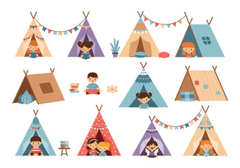 Kids Playing in Teepees Vector Set - Children Reading and Relaxing in Colorful Indoor Play Tents and Wigwams © Roza