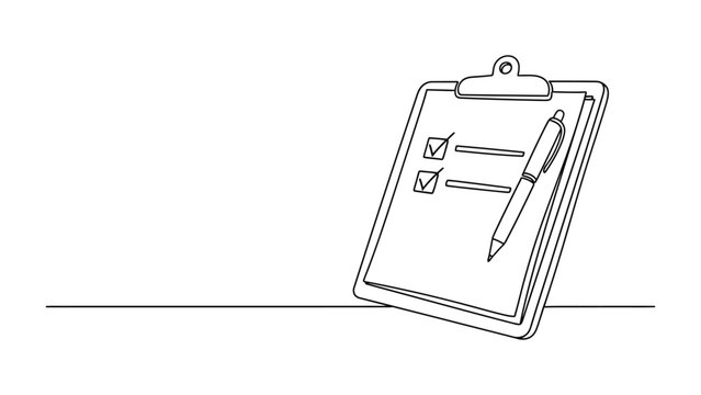 Continuous one line drawing of a clipboard with a checklist and a pen. Continuous line style. Hand drawn. Line art. Vector design. illustration