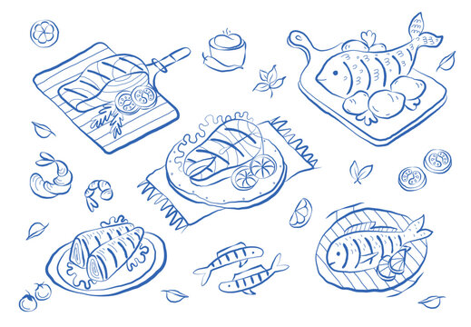Doodle grill fish, seafood and vegetables, sauce. Hand-drawn food sketch, design with Barbecue in whimsical scribble style. Grilled salmon with lemon, Dorade and shrimps. Flat line 