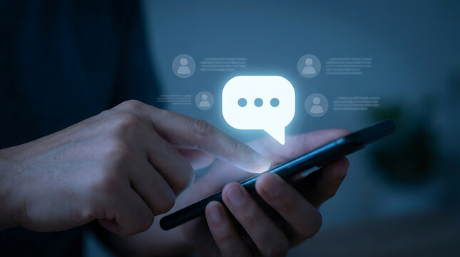 person using smartphone with chat interface and people icons on screen