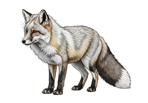 A beautiful cross fox with white and grey fur isolated on white background