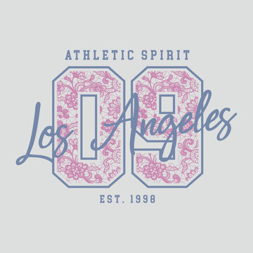 Trendy Los Angeles Athletic Spirit T-Shirt Graphic with Pink Floral Lace Number 09 Varsity Design - EST 1998 Vintage Sportswear Style for Kids and Women's Apparel