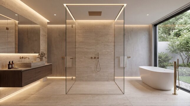 Luxurious modern bathroom interior with stone walls glass shower and freestanding bathtub