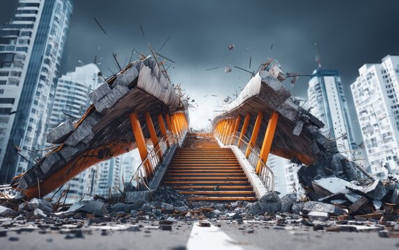 Destroyed Pedestrian Overpass with Missing Stair Access
