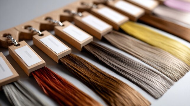 Hair color sample ring displaying diverse shade swatches for salon clients, stylists, product development and color selection guidance