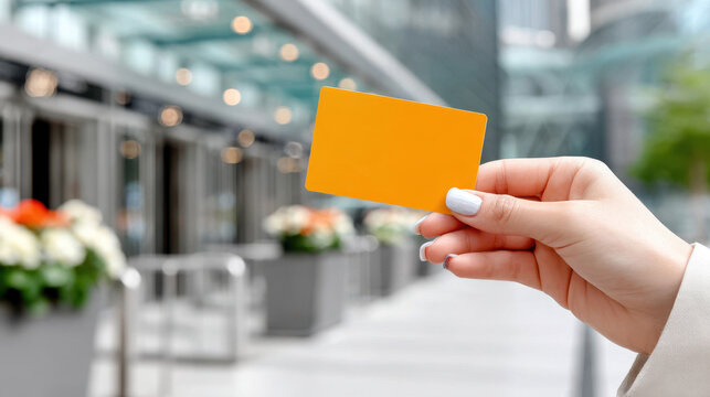 Hand holding mockup contactless key card near office entrance for access control and security background in corporate building