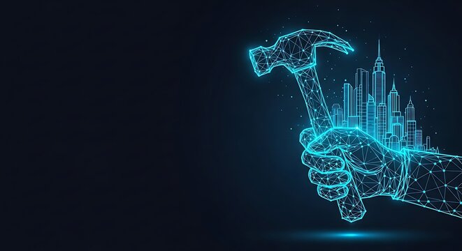 Hand holding hammer crushing city. construction and development concept. low poly happy labour day, & international worker's day 4K. low. poly happy labour day, & international worker's day 4K