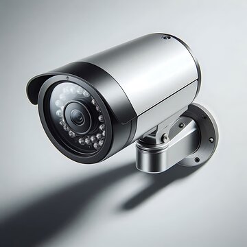 A sleek silver security camera mounted on a wall for surveillance