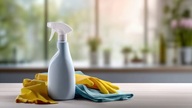 Household cleaning supplies including a spray bottle, rubber gloves, and a microfiber cloth on a table in a bright room