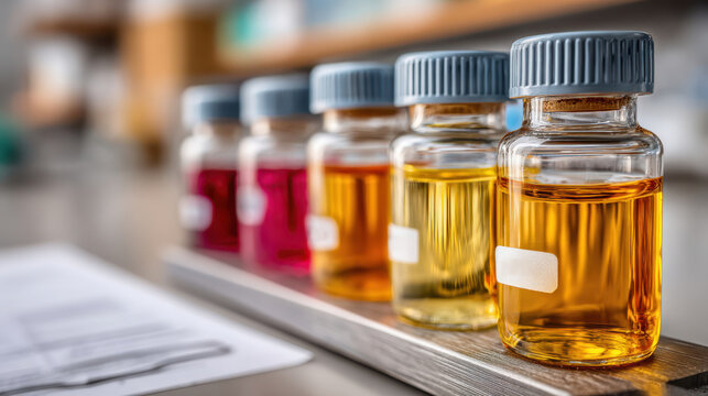 Laboratory test tube samples in rack with amber and red liquids for medical and diagnostic background use in research and clinical banner design