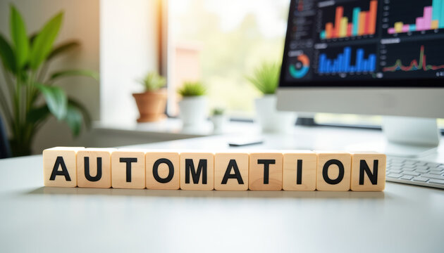 Wooden block letters spelling AUTOMATION on an office desk with computer charts for business automation background and workflow banner design.