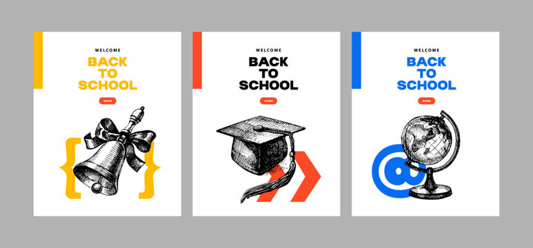 Back to school sketch collage banners. Education poster templates with hand drawn accessories. Diploma design. Vector illustration