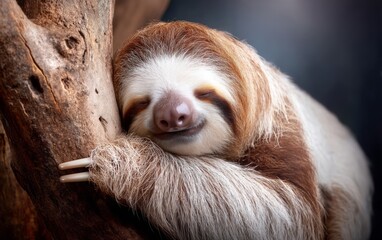 Fototapeta premium Sleepy Sloth with Crooked Crown Hanging from Tree Branch