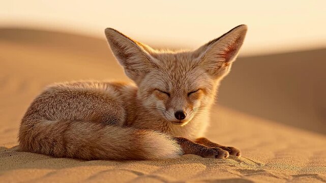 Fennec Fox Resting on Desert Sand Dunes Golden Hour