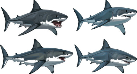 Fototapeta premium Set of great white shark illustrations in realistic marine style featuring detailed ocean predators isolated for wildlife, sea and aquatic design