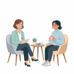 Obraz premium Two women sitting in chairs having a conversation over coffee in a casual setting with a small table and plant.