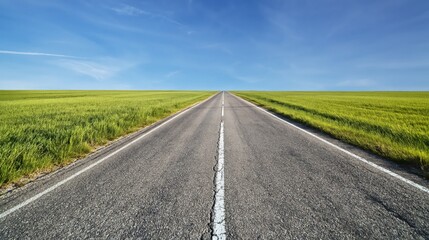 Obraz premium A straight asphalt road runs through lush green fields under a clear blue sky with wispy clouds.