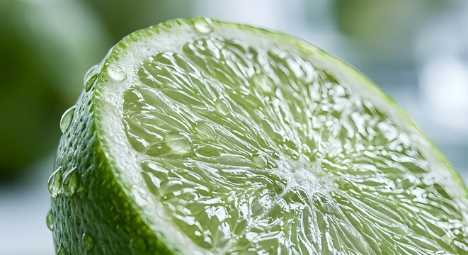 신선한 라임 단면과 물방울의 익스트림 매크로 촬영, 질감이 살아있는 시트러스 배경. Extreme macro of fresh lime slice with water droplets, tactile texture, refreshing citrus background.