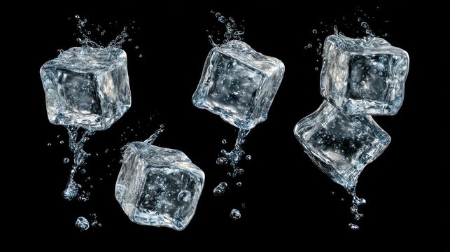 Transparent ice cubes with splashing water against a dark background