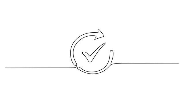 Continuous line drawing of a refresh icon with a checkmark symbol. Continuous line style. Hand drawn. Line art. Vector design. illustration