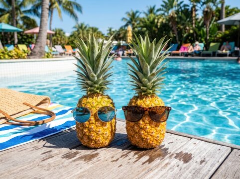 Dua nanas ceria dengan kacamata renang berjemur di tepi kolam renang tropis yang indah liburan musim panas yang menyenangkan dan makanan eksotis siap dinikmati di bawah sinar matahari Florida