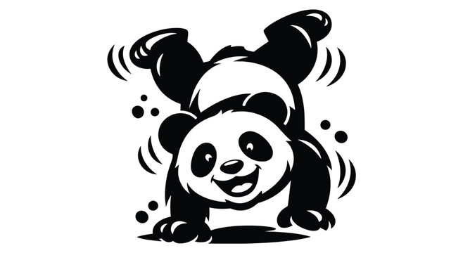 Cute cartoon panda performing a handstand, playful expression, dynamic pose with motion lines. Perfect for children's themes or fun designs. Isolated on white.