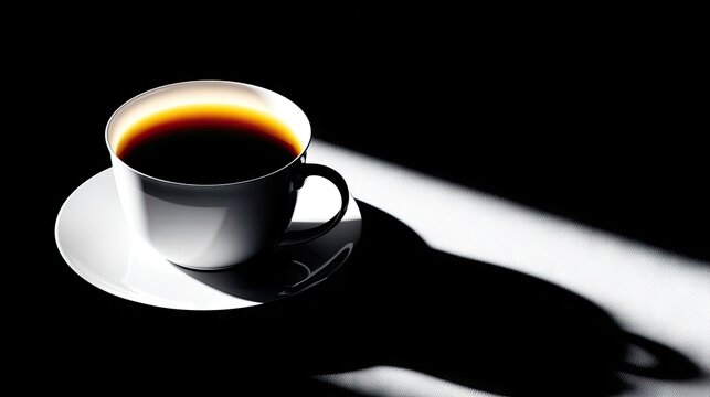 White porcelain cup filled with dark liquid rests on a saucer under dramatic, high-contrast illumination