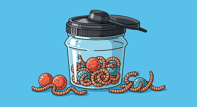 Clear glass jar filled with fishing bait worms and round orange lures.