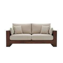Fototapeta premium contemporary modular sofa with beige linen upholstery and polished dark walnut frame, centered on a white studio backdrop, emphasizing high-end design integrity concept