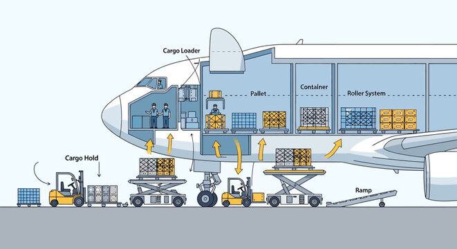 Cargo airplane loading and unloading process illustration.