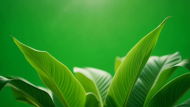 Bright, fresh tropical green leaves in an equatorial rainforest. Unusual plant leaves swaying. Natural texture with fresh leaves.