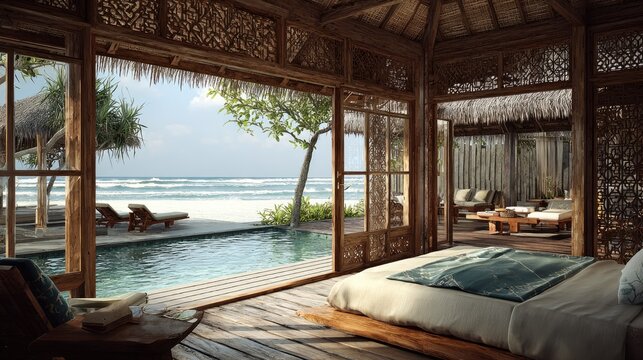 Luxurious open-plan bedroom offers panoramic views of a tropical oceanfront infinity pool area