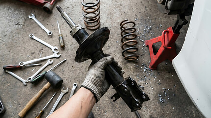 Fototapeta premium Mechanic s hand holding car shock absorber with tools and parts scattered on garage floor.