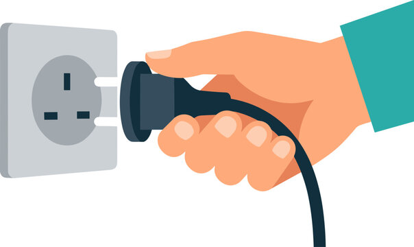 A hand plugs a black power cord into a white electrical outlet.