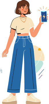 Woman holding phone with lightning bolt outdoors in daytime happily